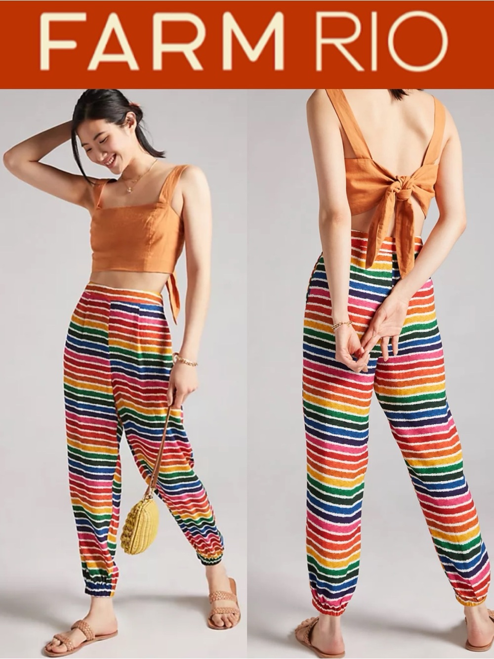 NWT FARM RIO X ANTHROPOLOGIE RAINBOW STRIPED JOGGER PANTS COLORFUL RESORT SIZE L